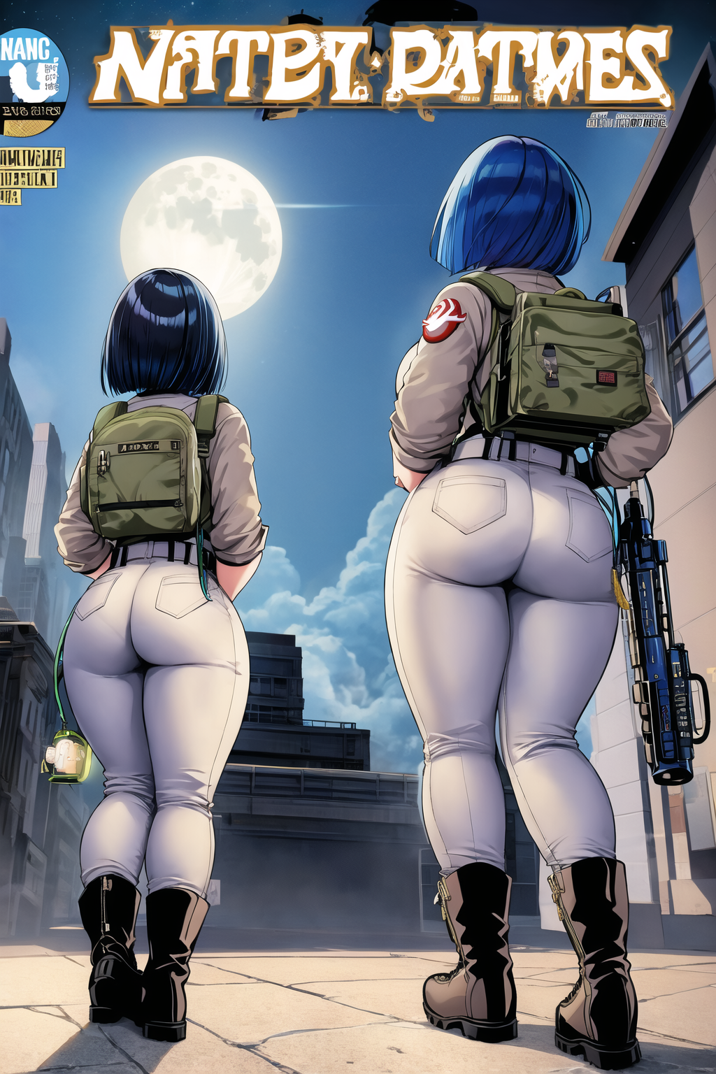 24921-3331745671-ghostbuster uniform, (huge ass), from behind, wide hips, full body, blue hair, khaki pants, night, from below, full moon, (comic.png
